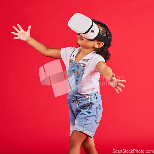 Image of Gaming, virtual reality and metaverse with girl and glasses for digital transformation, wow and innovation. Happy, cyber and augmented reality with child and vr headset for technology, future or 3d