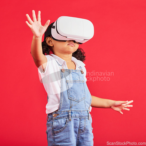 Image of Gaming, virtual reality and metaverse with girl and glasses for digital transformation, wow and innovation. Happy, cyber and augmented reality with child and vr headset for technology, future or 3d