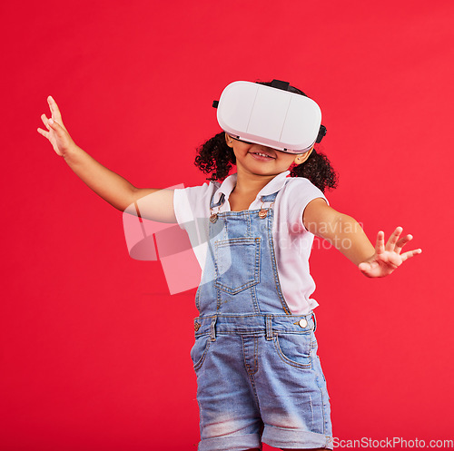 Image of Gaming, virtual reality and wow with girl and glasses for digital transformation, video games and innovation. Happy, cyber and augmented reality with child and vr headset for technology, future or 3d