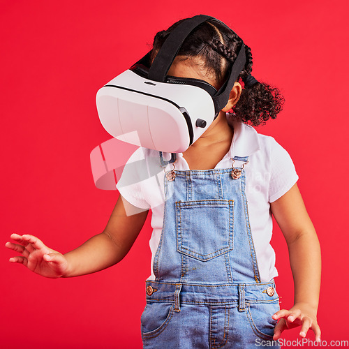 Image of Gaming, virtual reality and metaverse with girl and glasses for digital transformation, wow and innovation. Search, cyber and augmented reality with child and vr headset for technology, future or 3d