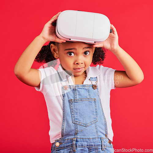 Image of Portrait, virtual reality and metaverse for thinking child, 3d esports games or futuristic cyber gaming on red background. Vr headset, digital and technology for gamer, confused kid or wondering girl