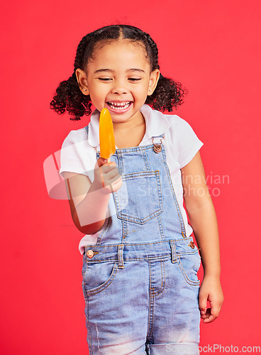 Image of Kid, laughing and ice cream on isolated red background with fashion, cool or trendy clothes for summer holiday, break or vacation. Happy, child or girl with lolly, cold sweet and food for heat relief