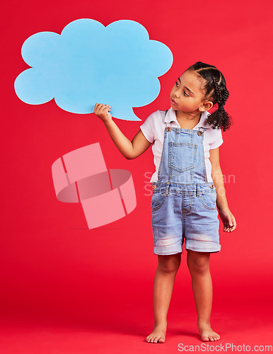 Image of Child, talking or speech bubble for ideas, opinion or vote on isolated red background for social media, vision or news. Thinking, kid or girl with banner, paper or cardboard poster for speaker mockup