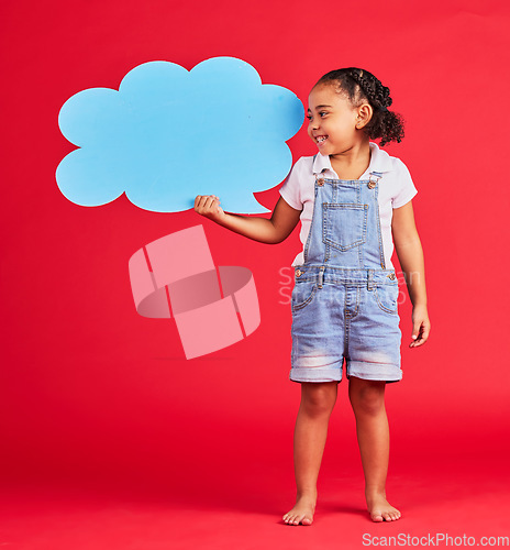 Image of Kid, talking or speech bubble and ideas, opinion or vote on isolated red background in social media, child vision or news. Smile, happy or girl and banner, paper or cardboard poster in speaker mockup