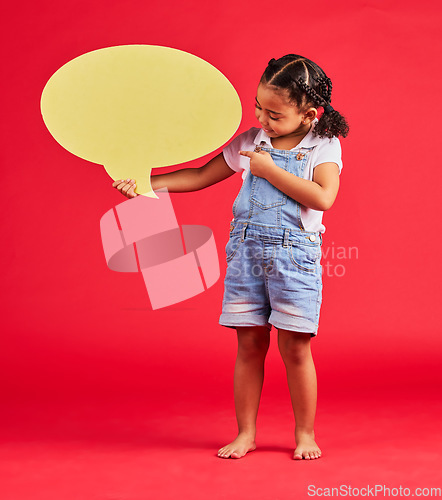 Image of Child, pointing or speech bubble in ideas, opinion or vote on isolated red background in social media, vision or news. Smile, happy or kid showing banner, paper or cardboard poster in speaker mockup