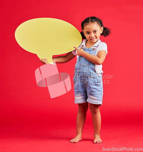 Image of Child portrait, pointing or speech bubble in ideas, opinion or vote on isolated red background in social media or news. Smile, happy or kid showing banner, paper or cardboard poster in speaker mockup