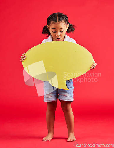 Image of Surprised, child or speech bubble for ideas, opinion or vote on isolated red background in social media or wow news. Shocked, girl or kid showing banner, paper or cardboard poster in speaker mockup