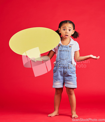 Image of Confused, kid or portrait of speech bubble ideas, opinion or vote doubt on isolated red background in social media anxiety. Question, girl or child and banner paper, mock up poster or mistake review