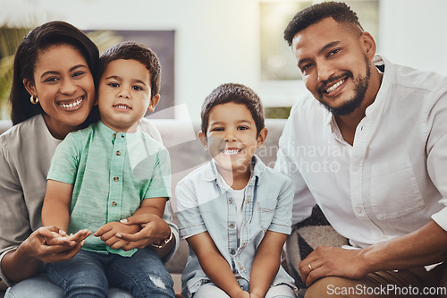 Image of Father, mother and children with smile for family portrait, holiday break or weekend relaxing on living room sofa at home. Happy dad, mom and kids smiling for fun bonding time or relationship indoors