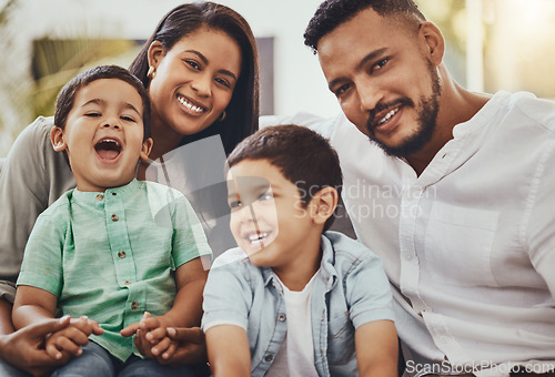 Image of Father, mother and children with smile for family time, holiday break or weekend relaxing on living room sofa at home. Happy dad, mom and kids smiling in joy for fun bonding or relationship indoors