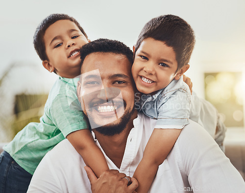 Image of Family, portrait and children hug father with smile, happiness outdoor with summer and holiday, love and childhood. Happy, man and boys with face, bonding and comfort with care and trust in parenting