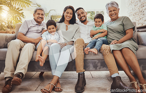 Image of Family, generations and grandparents with parents and children in portrait at home, love and relationship. Happiness, relax outdoor with support, bond and trust, care and happy people with smile