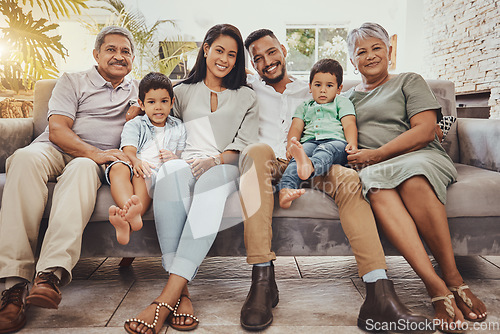 Image of Big family, generations and grandparents with parents and children in portrait at home, love and relationship. Happiness, relax outdoor with support, bond and trust, care and happy people with smile