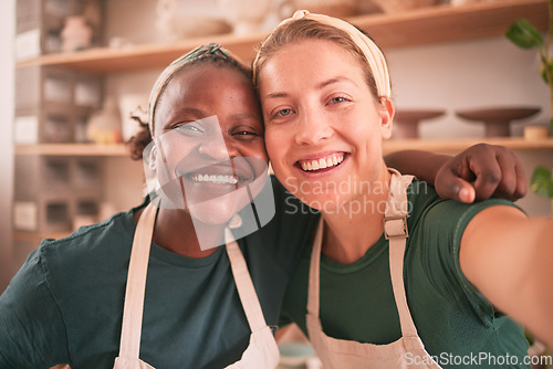 Image of Pottery, diversity and selfie of women for small business, artistic startup and creative workshop. Collaboration, teamwork and females happy for success in ceramics, clay sculpture and artwork store