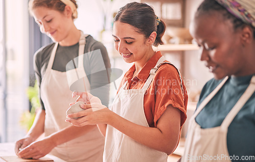 Image of Pottery class, women workshop or happy people design sculpture mold, clay manufacturing or art product. Diversity, ceramic retail store or startup small business owner, artist or studio group molding