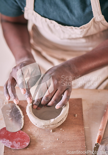 Image of Pottery bowl, hands and woman design sculpture mold, creative manufacturing or art product. Ceramic store, startup small business owner or African artist working on clay handcraft in studio workshop