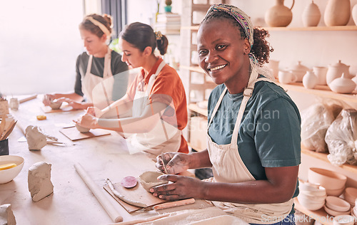 Image of Pottery class, group workshop or portrait woman design ceramic mold, clay manufacturing or art product. Diversity studio, retail sales store or startup small business owner or African artist molding