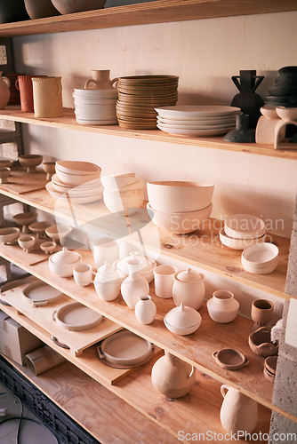 Image of Pottery background, ceramics store and shelf in creative studio of manufacturing startup. Clay design, collection and display in workshop, small business and retail craft market of stock production