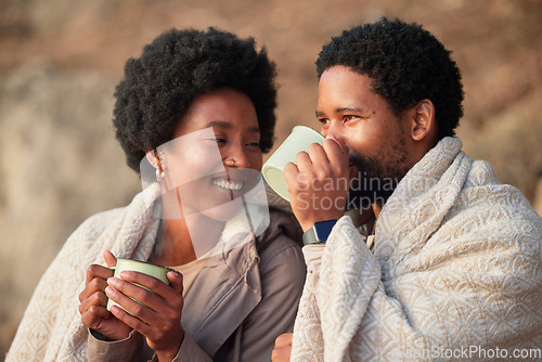 Image of Relax, smile and camping with black couple and coffee for wake up, hiking and sunrise. Travel, calm and adventure with man and woman and blanket in nature for trekking, mountaineering and discovery