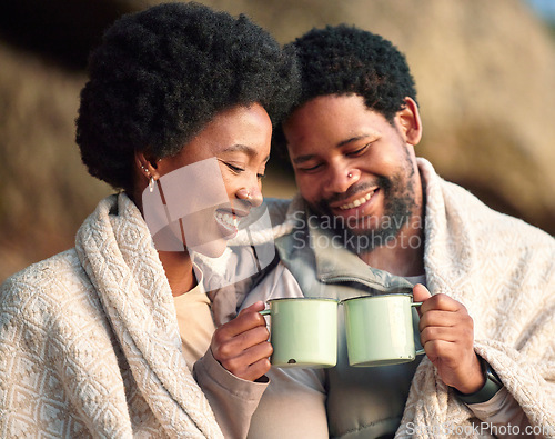 Image of Relax, toast and camping with black couple and coffee for wake up, hiking and sunrise. Nature, calm and adventure with man and woman and blanket in nature for trekking, mountaineering and discovery