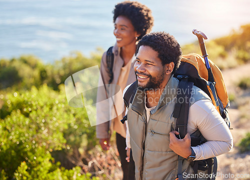 Image of Mountain, happy or couple of friends hiking in nature for exercise, workout or training on summer holiday. Travel, black woman and African partner trekking or walking to hill on outdoor adventure