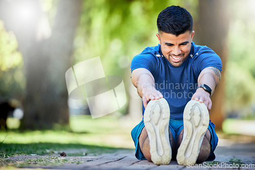 Image of Stretching, exercise and fitness man outdoor at park for cardio workout, training and warm up. Happy sports person or athlete in nature for a run and energy for muscle health and wellness goals