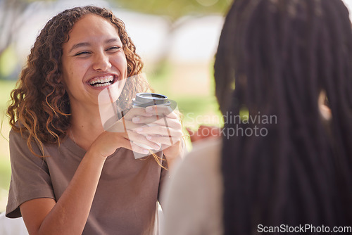 Image of Woman, friends and laugh with coffee for chat or catch up on social life, friendship or relationship at an outdoor cafe. Happy female laughing in happiness for chatting, conversation or funny joke