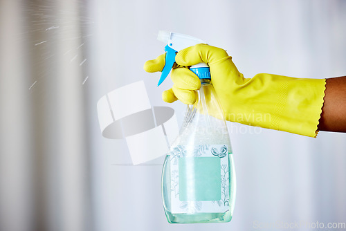 Image of Woman cleaner, spray chemical and bottle for hygiene, health and safety to stop bacteria in home for wellness. Spring cleaning expert, liquid and product hands with gloves for service in apartment