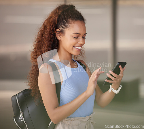 Image of Phone, student and happy woman networking in city while on a walk or commuting to college. Happiness, smile and female university girl from Mexico browsing on social media with cellphone in town.