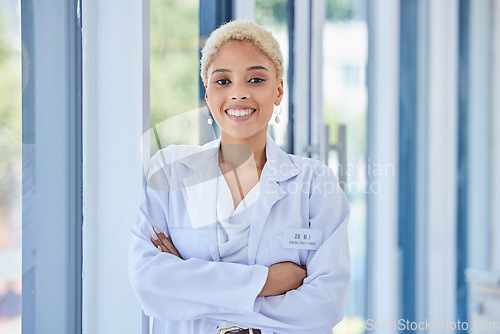 Image of Happy, smile and portrait of scientist in office for science report, research or project in lab. Success, proud and professional female biologist from Brazil standing with crossed arms in laboratory.