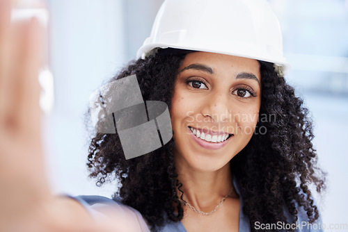 Image of Selfie, woman and portrait for architecture, engineering and construction for project management. Happy female worker, builder and photo with hardhat, industrial designer and smile face of contractor