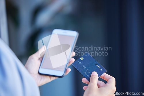 Image of Credit card, woman hands and mobile phone for ecommerce payment, fintech money and online shopping. Closeup customer, cellphone banking and digital finance of mockup, internet or financial technology