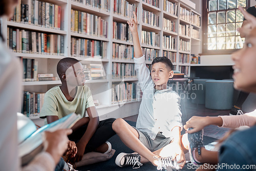 Image of Teacher, reading or student with questions in a classroom or library for learning development. Hands up, storytelling or children listening and smart kids asking for knowledge on fun books at school