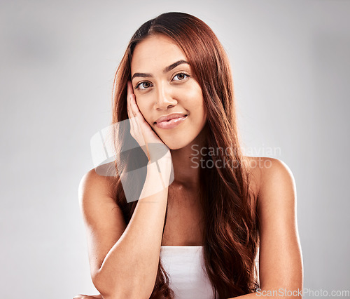 Image of Beauty face, portrait and woman for hair salon, skincare and cosmetics with smile in studio. Headshot of aesthetic model person happy about shampoo growth and shine or dermatology glow on facial skin