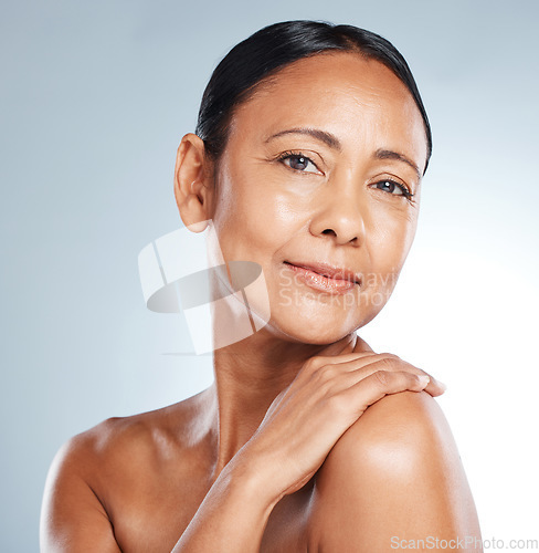 Image of Face, mature woman and content in portrait with healthy skin and antiaging skincare isolated on gradient background. Natural cosmetics, wellness and beauty in studio with clean organic cosmetic care