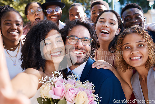 Image of Wedding, selfie and happy friends and family celebrating love of groom and bride at a ceremony or event. Group, portrait and excited smiling people taking picture or photo with newlyweds outdoors