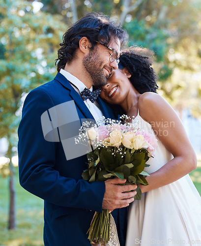 Image of Wedding hug, couple and bride marriage bouquet outdoor in a garden happy about love with flowers. Roses, happiness hug and woman with man at a commitment and care celebration with flower and smile