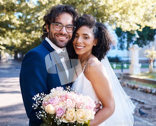 Image of Wedding, bride and groom portrait with flowers and hug at romantic outdoor marriage event celebration together. Partnership, commitment and trust embrace of interracial people with excited smile.