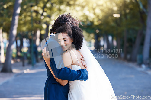 Image of Happy couple, wedding and hug outdoor for marriage celebration together with love. Married man and woman at park with trust, partnership and commitment with care and gratitude for life partner