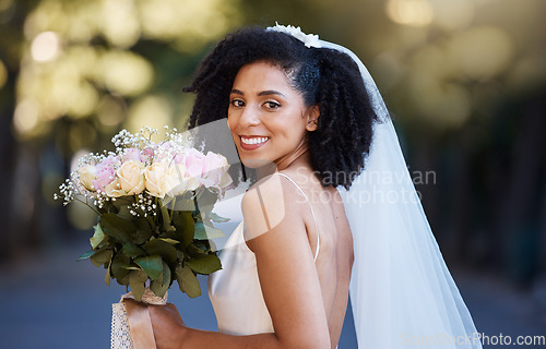 Image of Bride, face and black woman with wedding and rose bouquet, happy in portrait with marriage and commitment outdoor. Event, celebration and happiness with smile in park married and Spring fashion