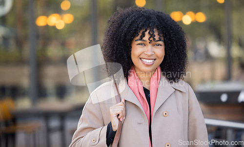 Image of Travel, city and portrait of black woman with smile enjoying morning, freedom and urban commute in London. Business, success and happy girl with positive mindset, future vision and mission in town