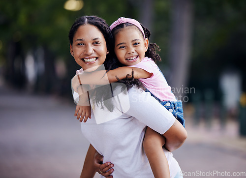Image of Portrait, mother piggyback child in park, family with fun day outdoor and happy people together in nature. Love, care and comfort with hug, bonding and content with woman and girl with adventure