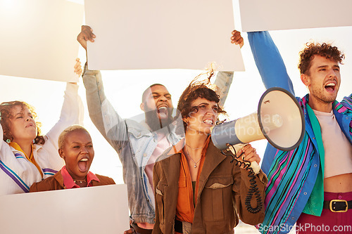 Image of Lgbt protest, megaphone and group of people in city for activism, human rights and equality in society. Freedom, diversity and lgbtq community crowd with mockup billboard space for social movement