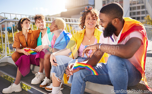 Image of Diversity, happy and lgbtq with friends in city for freedom, gay pride and equality with human rights. Inclusion, sexuality and community with group of people for love, acceptance or identity support