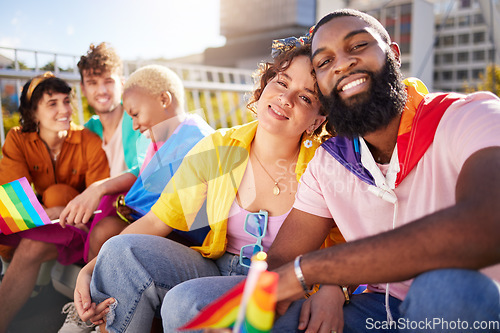 Image of Lgbt, city and portrait of couple of friends with rainbow flag for support, queer celebration and parade. Diversity, lgbtq community and group of people enjoy freedom, happiness and pride identity