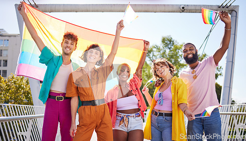 Image of Friends, city and happy lgbt people with rainbow flag for support, queer celebration and parade for solidarity. Diversity, lgbtq community and group enjoy freedom, happiness and pride identity