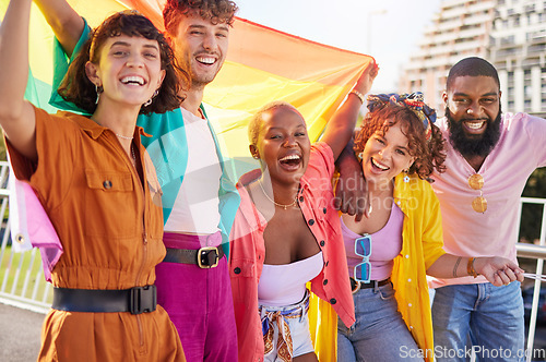 Image of Portrait, rainbow and flag with a friends outdoor together for diversity, gay pride or freedom. Support, lgbt and human rights with a man and woman friend group standing outside for equality