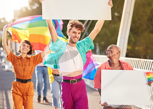 Image of People, protest and march for LGBTQ billboards for gay, lesbian or bisexual sexuality together in the city. Happy group of homosexual women and men walking in street with posters and rainbow flags