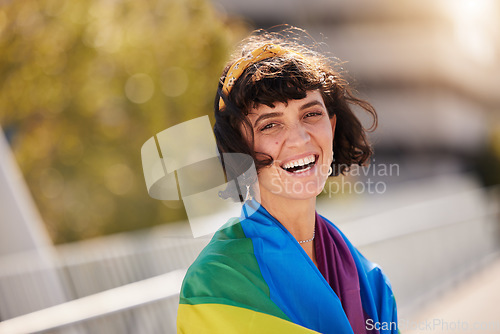 Image of Love, equality and portrait of woman with pride flag in city, happy non binary lifestyle of freedom and peace. Happiness, summer and fun for gender neutral people in lgbt rainbow community with smile