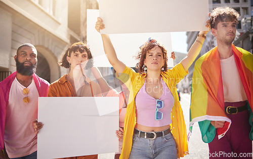 Image of Mockup poster, lgbt protest and crowd walking in city street for activism, human rights and equality. Freedom, justice and people in lgbtq community with copy space on billboard for social movement